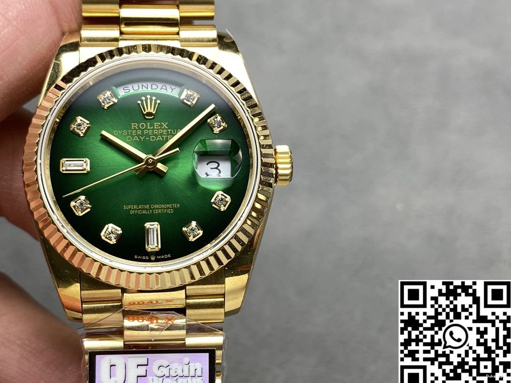 Date Yellow Green Dial Tungsten Gold Factory M128238-0069 Rolex QF Day 36mm Steel v5 0427